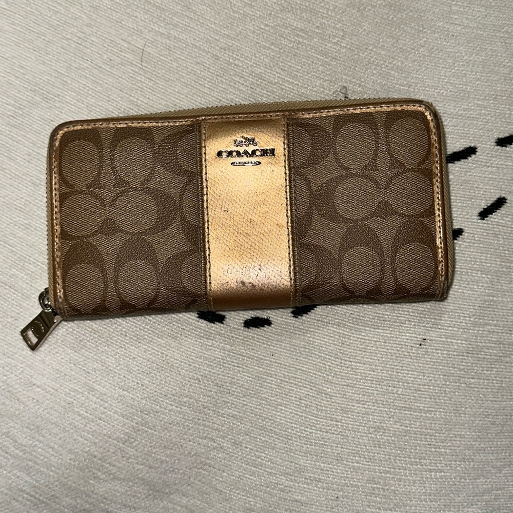 Coach New York coated canvas tan zip around silver and metallic gold interior